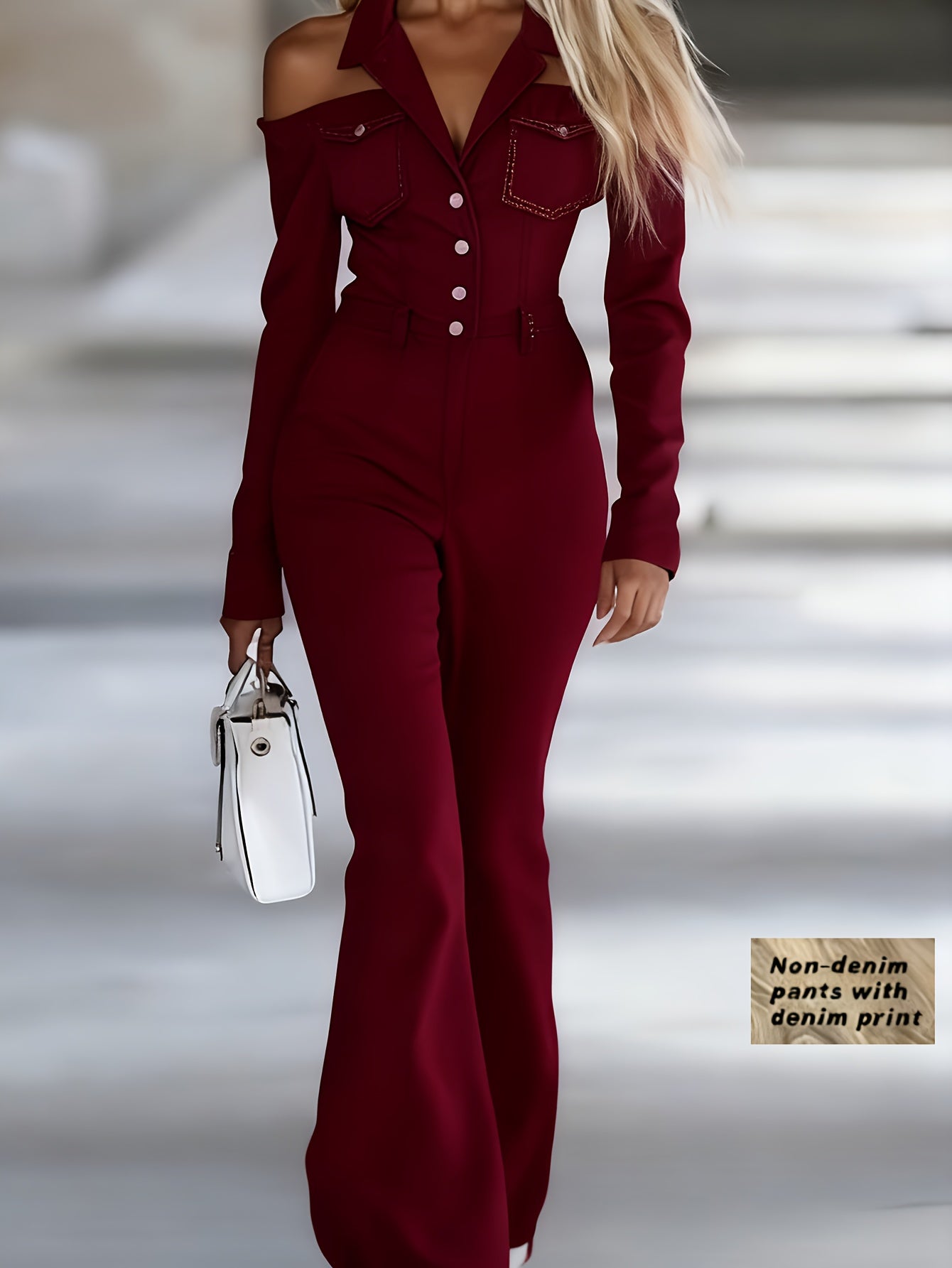 Women'S Fashionable Faux Denim Jumpsuit | Solid Color, Lapel, Off-shoulder, Single-breasted, Long-sleeved, Fitted Top and Slightly Flared Trousers with Pockets | Casual Style, Slight Stretch Fabric, All-Season, SCACTO Brand