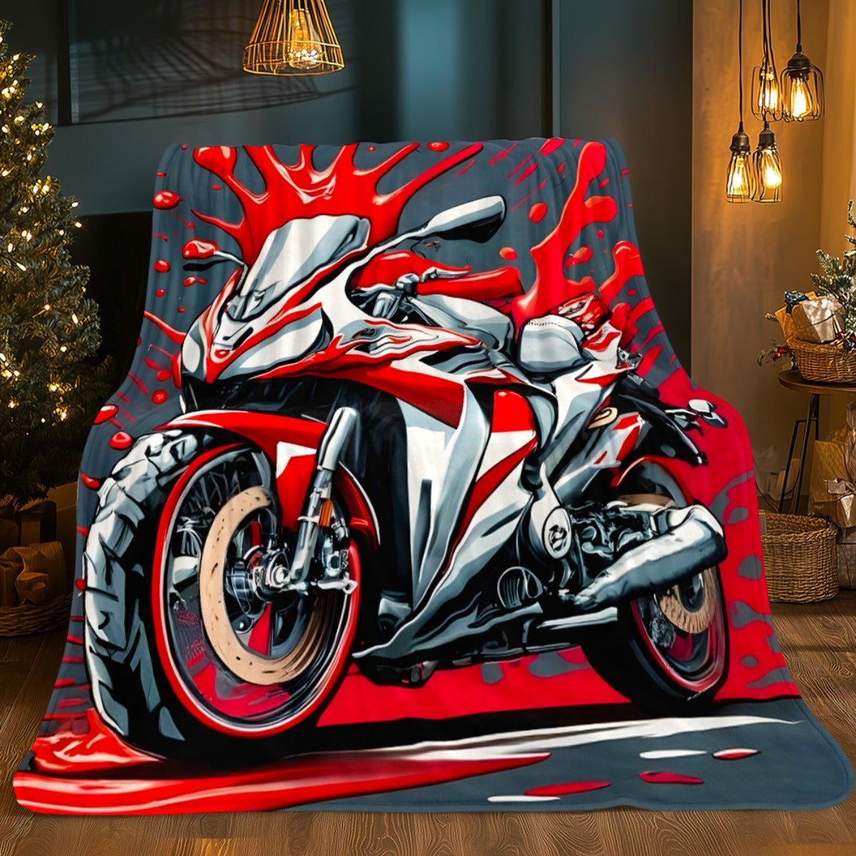 1pc Red Motorcycle HD Printed Blanket. Soft and Warm Flannel Blanket for Travel, Camping, Sofa, Livingroom, Couch, Chair, Bed. Gift for Family or Friends 280GSM 3 Sizes Available (30x40in/50x60in/60x80in)
