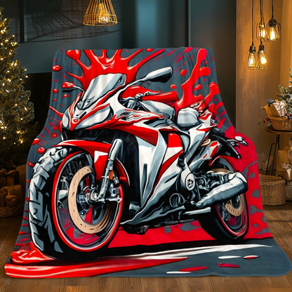 1pc Red Motorcycle HD Printed Blanket. Soft and Warm Flannel Blanket for Travel, Camping, Sofa, Livingroom, Couch, Chair, Bed. Gift for Family or Friends 280GSM 3 Sizes Available (30x40in/50x60in/60x80in)