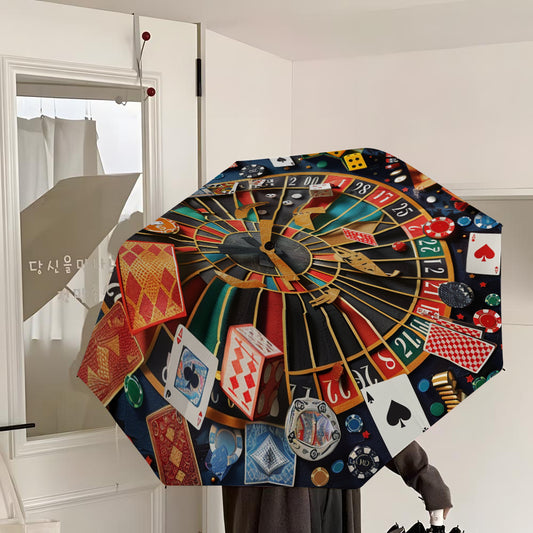 -Themed Poker & Roulette Umbrella with Poker & Card Symbols - Open/Close, 8-Rib Durable Frame, Portable Folding Umbrella for Poker Nights, Parties, Travel - Poker Chip Design  Accessory Gift for Men &