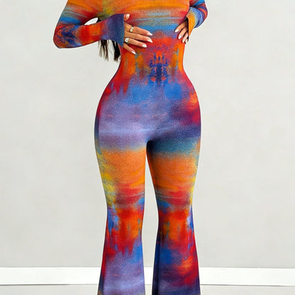 Women'S Jumpsuit | Sexy Hot Outfit, Loose U-Neck Cut, Slim Fit, Tie-Dye Gradient Print, Long Sleeve Design, Flared Leg Style, Suitable for Outdoor, Versatile Use, Fits Multiple Occasions & Seasons, Stretch Fabric
