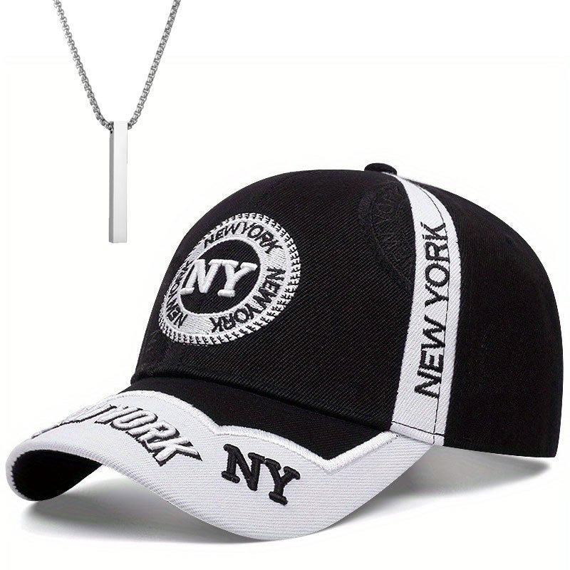 2pcs One Hat Plus One Necklace Men's Outdoor Full-Print Tactical Camouflage NY Pattern Baseball Cap and Faith Bar Pendant, Suitable for Climbing, Cycling Accessories, Christmas Party