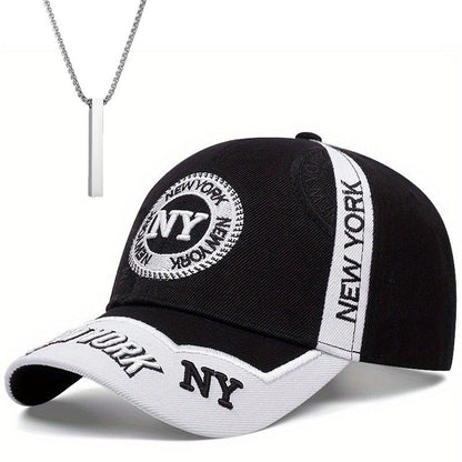 2pcs One Hat Plus One Necklace Men's Outdoor Full-Print Tactical Camouflage NY Pattern Baseball Cap and Faith Bar Pendant, Suitable for Climbing, Cycling Accessories, Christmas Party