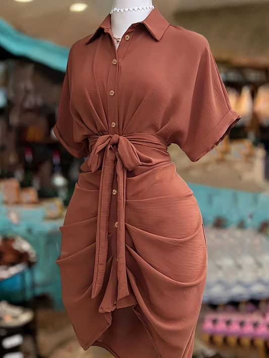 Women'S Stylish Solid Color Short-Sleeve Dress with a Single Button, Tie, And Bow Detail.