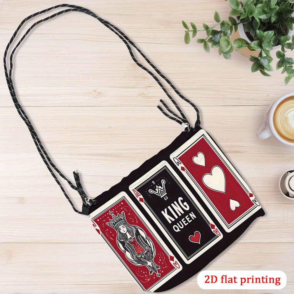 1pc Women's King & Queen Playing Card Print Crossbody Bag - Vibrant Red/Black/White Design with Hearts & Spades, Lightweight Drawstring Closure, Reusable Polyester Purse for Weddings, Parties, Travel, Everyday Use - Gift Idea