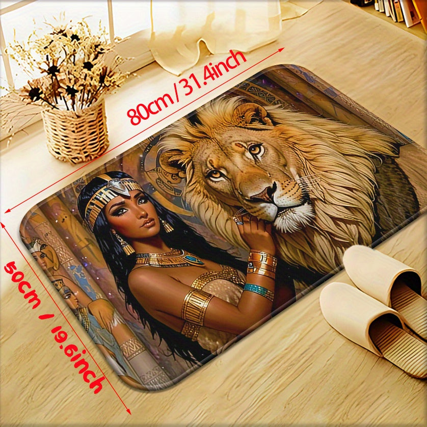 1pc Cleopatra and Lion Non-Slip Door Mat – Microfiber Absorbent, Machine Washable Polyester Rug with Egyptian Motifs, Perfect for Bathroom, Bedroom, Living Room