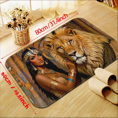 1pc Cleopatra and Lion Non-Slip Door Mat – Microfiber Absorbent, Machine Washable Polyester Rug with Egyptian Motifs, Perfect for Bathroom, Bedroom, Living Room
