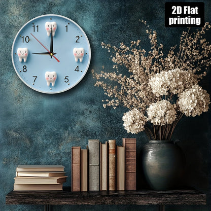 Non-Electric 2D Printed, Cartoon Teeth Theme Wooden Round Wall Clock, Farmhouse Style Home Decor for Kitchen, Bedroom, Office, Birthday & Holiday Gift, Easy to Read, Silent Operation, Battery Not Included, 9.8x9.8 Inches, 2D