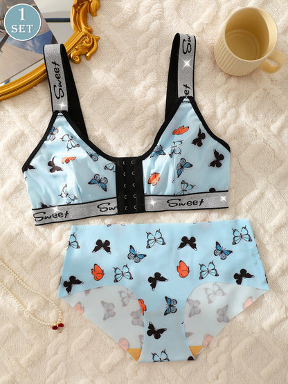 A Set of Butterfly Print Front-Button Women'S Lingerie, Featuring Wide Straps, a Wireless Bra, And Seamless Panties, Soft And Comfortable, Perfect for Everyday Wear in Autumn And Winter.