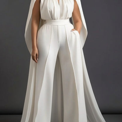 White V-Neck Capelet Waist- Wide-Leg Maxi Jumpsuit | Elegant and Exquisite Style Perfect for Parties, Formal Occasions & Light Social Events