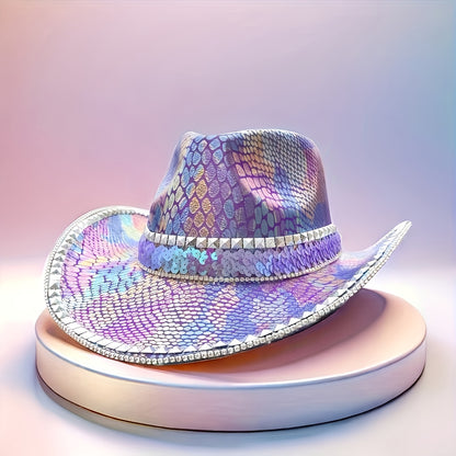 HONGLUAN Sparkly Rhinestone Cowboy Hat for Women & Men - Shiny Purple Iridescent Western Hat with Wide Brim, Multicolor (Pink/Blue/Purple/Green) Bling Design, Durable for Country Parties, Music Festivals, Halloween, Christmas