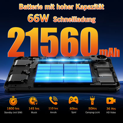 FOSSiBOT DT3 Outdoor Tablet 32GB RAM + 256GB ROM/2TB, Android 15, 10, 4'' 2K FHD Display, 21560mAh Akku Android-Tablet, 64MP+32MP Kamera, Octa-Core, 5G Dual SIM/WiFi 6/GPS/OTG/Camping LED-Blinker, Tablet, Pad