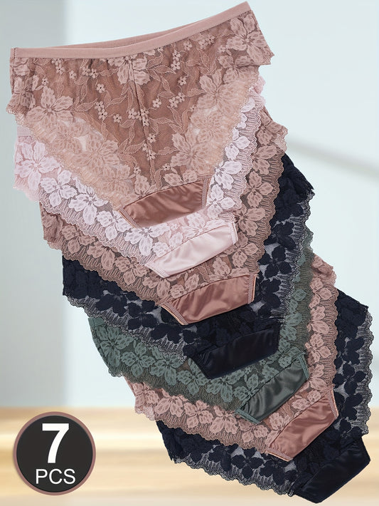 7pcs Women'S Floral Lace Satin Briefs - Semi-Sheer, Mid-Rise Patchwork Underwear with Contrast Lace Trim, Solid Color, Sexy & Stylish for Casual Attire, Cute Underwear, Satinlike Texture