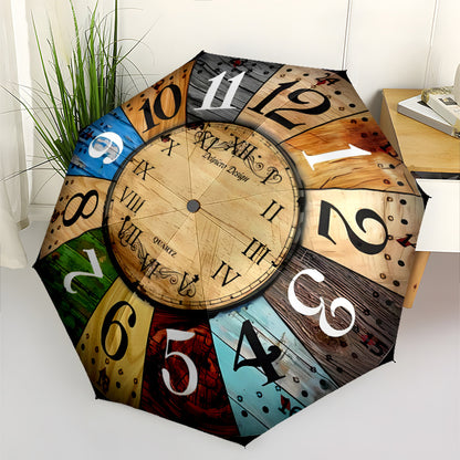 Automatic Open/Close Umbrella with 8 Metal Ribs - Vintage Clock Design, Windproof & Portable Sunshade, Compact Folding Umbrella for Women/Men, Halloween/Christmas Gifts (Brown/Blue/Green/Red/Black/White/Teal/Beige) - Model K0