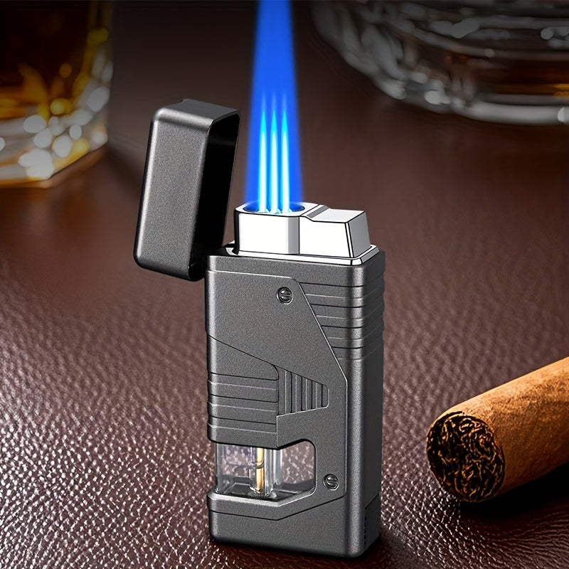 Cigar Lighter Torch Lighter Triple Flame Butane. Refillable Lighter with Cigar Holder, All-in-one Lighter, Stylish Men's Gift. Portable Lighter Perfect Suitable for Outdoor, Indoor, BBQ, Candle. Windproof Torch Lighter(Butane