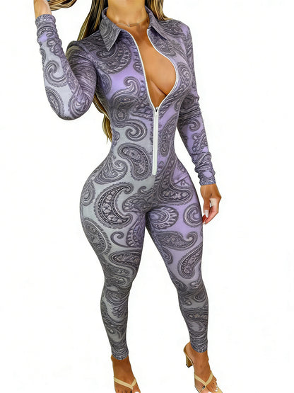Women's Long Sleeve Slim-Fit Jumpsuit with Trendy Paisley Print - Purple Style Perfect for Daily Outings & Casual Occasions, Available in Sizes 2XS-2XL