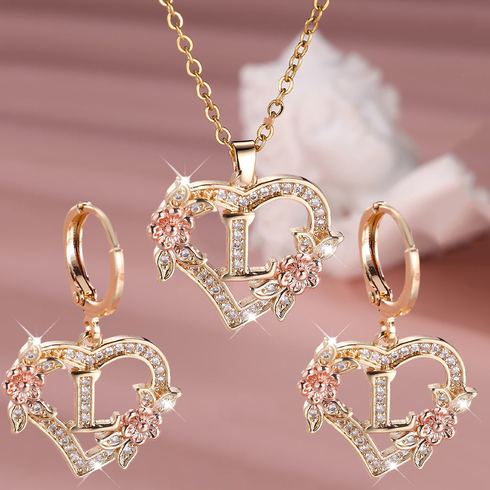 3pcs Women's Initial Jewelry Set - Heart-Shaped Interlocking Link Necklace & Earrings with 26-Letter Monogram, Elegant Golden-Tone -Accented Letters, Dainty Everyday Gift for Mother's Day, Graduation, Birthdays (Pink & Clear