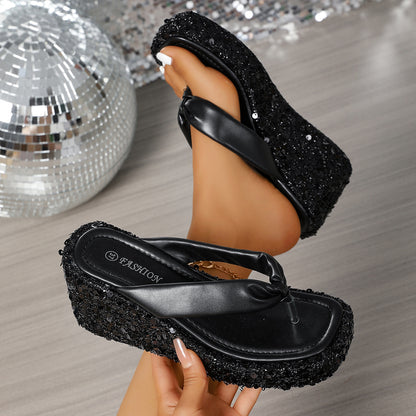 Women'S Summer 2025 New Arrival Square Toe Platform Shoes - Thick Sole, Transparent One-Strap Mid-High Heel, Sequin Embellished, Slip-On Design, Rubber Upper & Faux Cover Sole, Korean Style, Casual to Formal Wear, Casual Foot