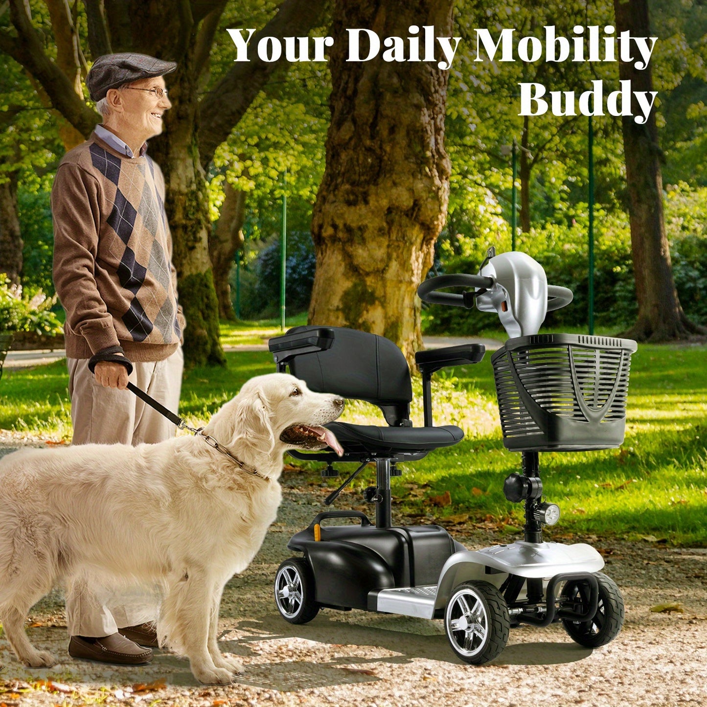 A Four-wheeled Foldable Electric Mobility Scooter For Seniors, It Has A 250W Motor, 24V Power System, 15-mile Range, Front LED Lights, Detachable Basket, Rotatable Seat, And Folds For Car Storage, The Perfect Choice For Daily