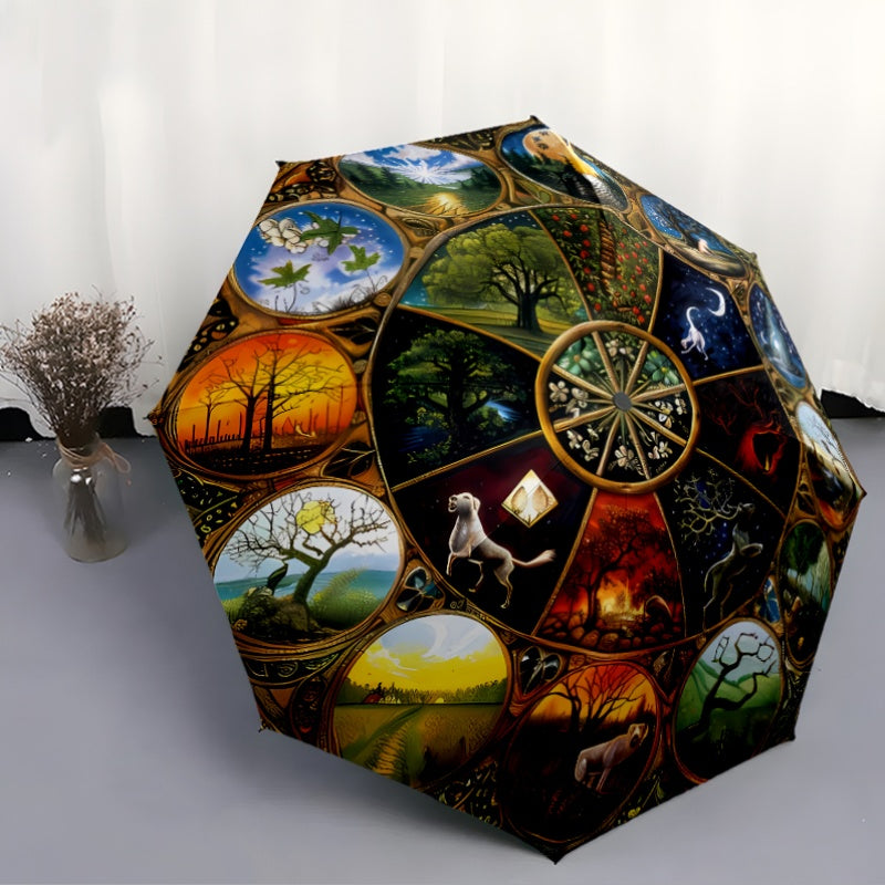 Automatic Open/Close Umbrella with 8-Rib Sturdy Frame - Auto Open Close Button, Portable Sunshade Canopy, Elegant Wheel of the Year Design with Seasonal Symbols (Winter, Spring, Summer, Fall) - Perfect Halloween, Christmas, B