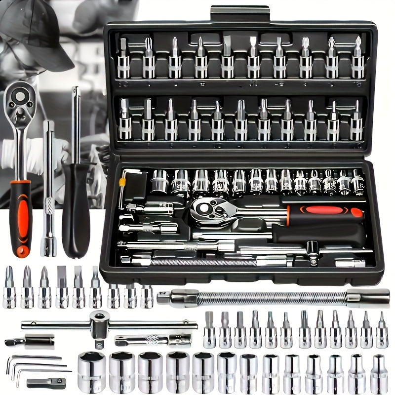 High-end Professional 45+1/215+1pc Tool Set, Auto/bicycle Repair Machinery Kit, 1/2 Inch *1/4 Inch 3/8 Inch Drive Depth And Standard Wrench Set, Race-grade Auto Parts Repair Ratchet Wrench And Other Auto Repair Accessories To