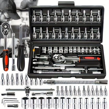 High-end Professional 45+1/215+1pc Tool Set, Auto/bicycle Repair Machinery Kit, 1/2 Inch *1/4 Inch 3/8 Inch Drive Depth And Standard Wrench Set, Race-grade Auto Parts Repair Ratchet Wrench And Other Auto Repair Accessories To