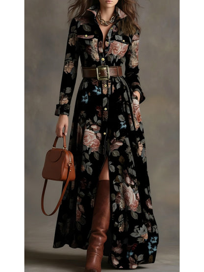 Women'S Black-Based Pink & Brown Rose Print Waist-Cinched Maxi Dress | Retro Elegant Style, Suitable for Luxury Social Events, Formal Occasions, and Daily Streetwear