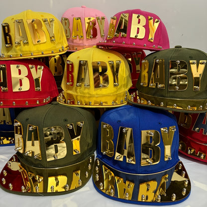 Punk Style Men'S Baseball Cap, 100% Polyester Lightweight Flat Brim Hat with Alphabet Pattern and Embellishments, Non-Stretch Fabric
