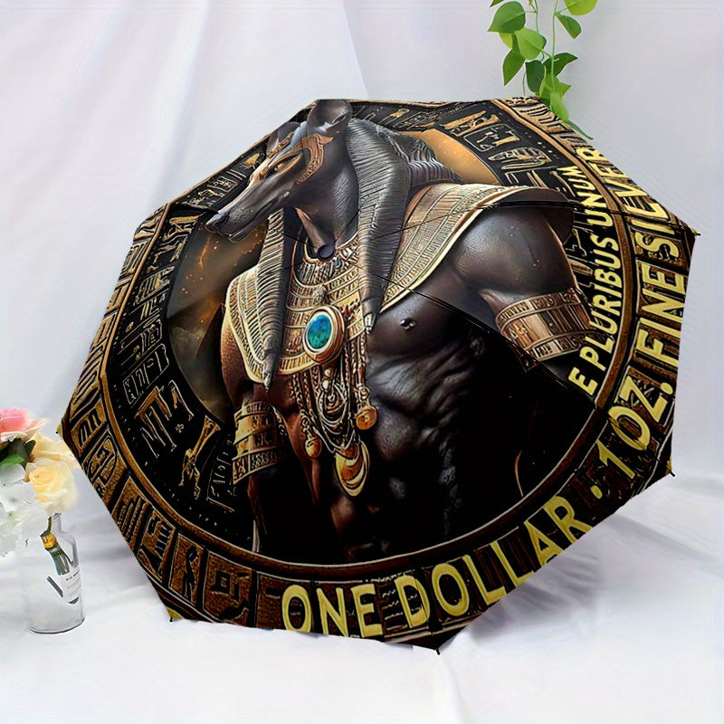 1pc Egyptian Anubis God Design Automatic Folding Umbrella - Lightweight, Retractable, 8-Rib Compact Travel Umbrella with Intricate Egyptian Mythology Artwork, Perfect for Outdoor Adventures & Festive Gifts, Outdoor Umbrella,