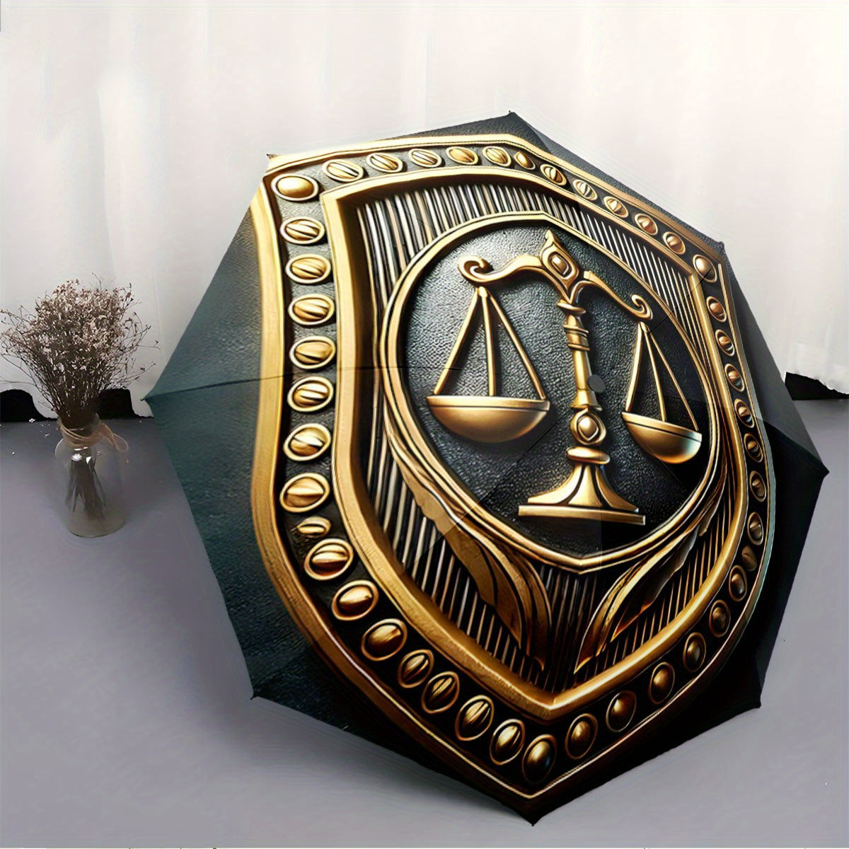 Automatic Folding Umbrella Golden scales of justice emblem. Portable collapsible design, casual outdoor accessory, for all seasons, Christmas birthday festival gift