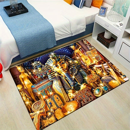 Egyptian Pharaoh-Inspired 3D Golden Area Mat - Machine Washable, Luxurious Velvet Decor for Living Room, Bedroom, Dorm | Ideal for Mother'S Day, Father'S Day, Graduation, Juneteenth, Independence Day, Rugs for Living Room