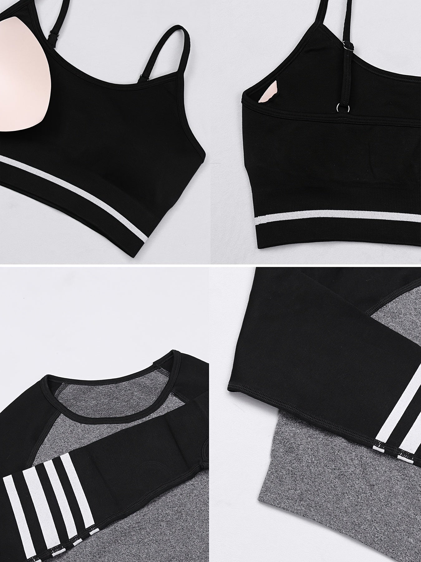 3pcs Women's Full Athletic Set - Seamless Striped Quick-Dry Sports Bra, Tight-Fitting Long Sleeve Gym Pants with Moai Panel Technology | High-Elasticity Moisture-Wicking Fabric for Running, Gymnastics, Training Outfit (All-Se