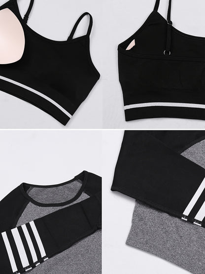 3pcs Women's Full Athletic Set - Seamless Striped Quick-Dry Sports Bra, Tight-Fitting Long Sleeve Gym Pants with Moai Panel Technology | High-Elasticity Moisture-Wicking Fabric for Running, Gymnastics, Training Outfit (All-Se