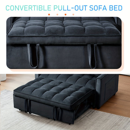 54" Black Velvet 3-in-1 Convertible Sofa Bed with Adjustable Backrest & Pull-Out Sleeper - Space-Saving Sleeper Sofa with Storage Pocket, Hardwood Frame, Modern 2-Seater for Small Apartments, Living Room, Guest Room - No Asse