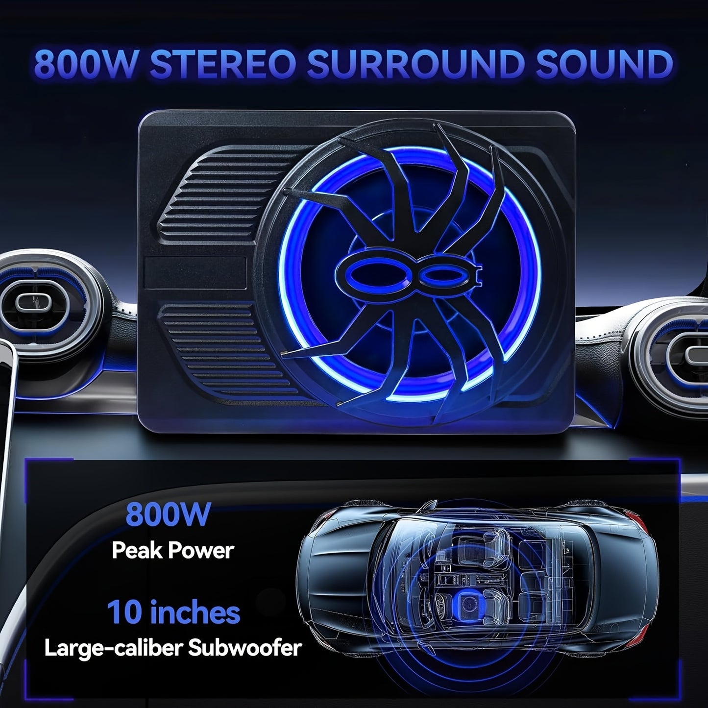 10-inch Spider Subwoofer with 800W Built-in Amplifier | LED Blue Light, High/Low Level Input, -fit Enclosure for Car/Truck Audio