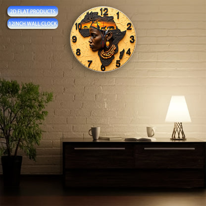 2D plane 10-inch silent quartz wall clock, African design, circular manufacturing, wood simulation display, battery-powered (AA batteries not included), suitable for home decoration, suitable for living room, kitchen, dormito