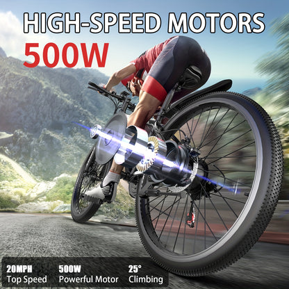 Mountain Electric Bicycle, Battery Can Be Sold Separately, 500W (peak 740W) Silent Motor, 26 Inch Tires, Power Brake, Alloy Frame, 20MPH, Additional Mudguard, Equipped With Front Plug And Lighting System