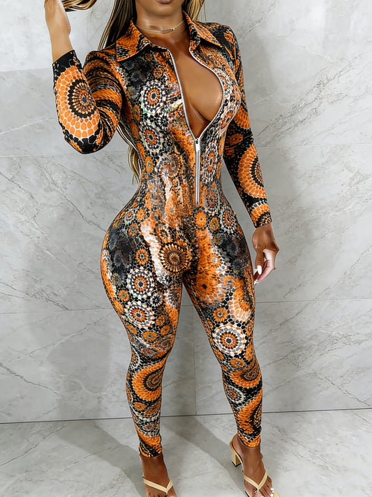 Ladies' Four-Season Long-Sleeved Sexy Jumpsuit | Front Zipper Design, Light Style, Fashionable Full-Print, Perfect for Daily Outings and Casual Wear - G077