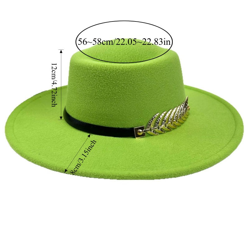 1pc Women'S Retro Wide-Brimmed Fedora Hat with Metal Crescent & Black Leather-like Band - Vibrant Orange/Red/Green/Black/Navy Blue/Purple/White - Elegant Non-Stretch Design for Autumn Winter, Music Festivals, Christmas & Dail