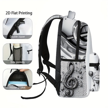 1pc Trendy Music Notes Printed Backpack - Durable 2D Flat Design with Studded Detail, Black & White, Perfect for School, Work, and Outdoor Activities, Backpack for School