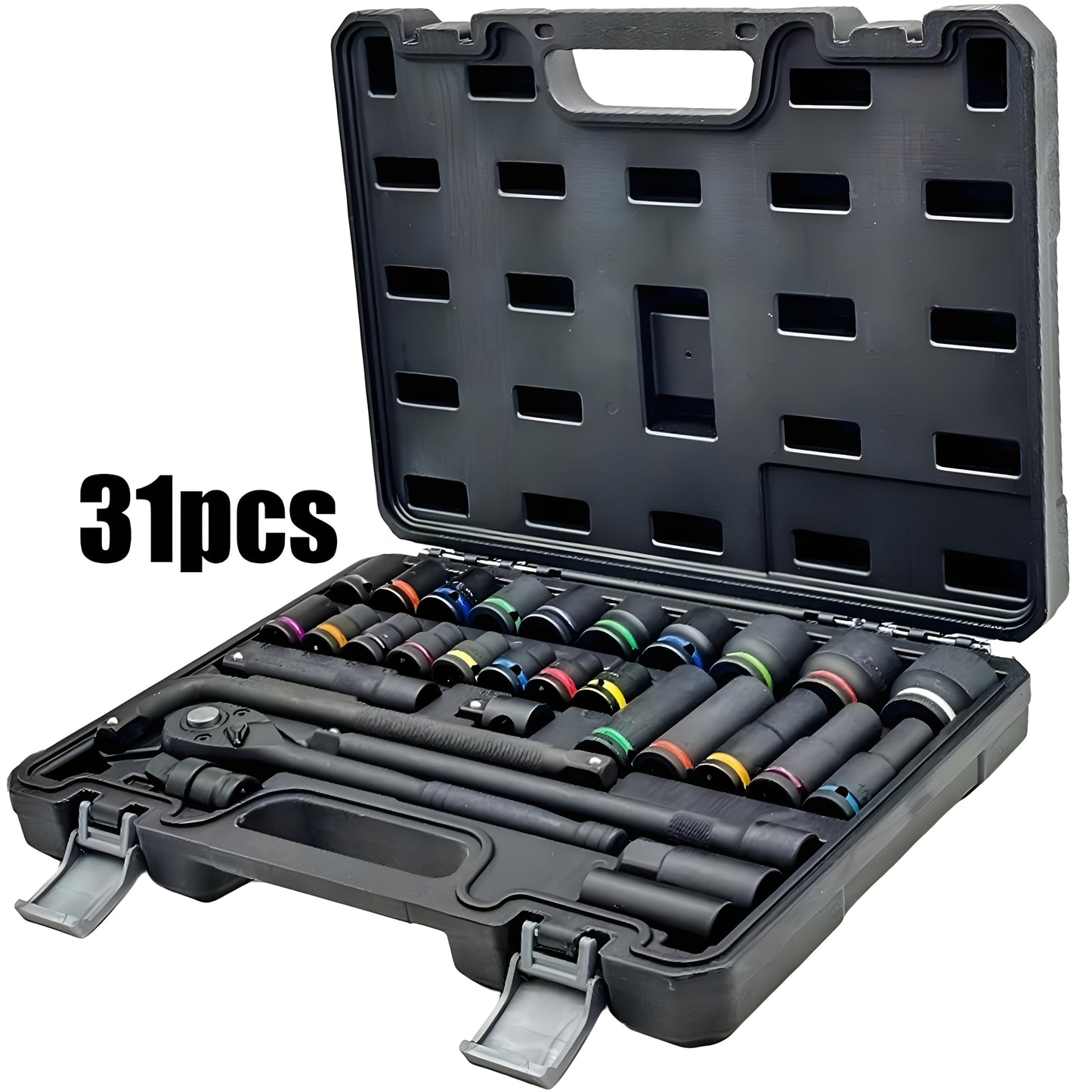 31pcs Heavy-Duty Pneumatic Tool Set with 1/2" Drive Thick-Walled Sockets, Air- Impact Wrench & Extended Tire Sockets - Fit for Car, Truck, Motorcycle, ATV, Repair - Professional Mechanic Tool Kit (No)