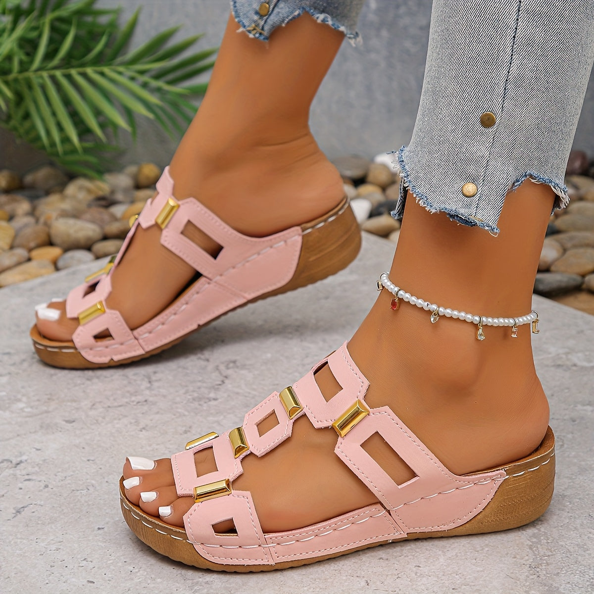 Women'S Slip-On Platform Sandals - Thick Cushioned Insole, Black Synthetic Cover Open-Toe Sandals with Clear Accents, Non-Slip Rubber Sole for Beach, Casual & Formal Outfits - Summer Footwear Essentials, Beach Shoes, Stylish
