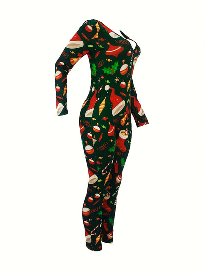 Women'S Christmas Print Lounge Jumpsuit - Sexy Long Sleeve V-Neck Button Front Sleepwear, Vibrant Holiday Design, Lightweight Summer Loungewear for Adults, Christmas Pajamas, Festive Loungewear, Playful Design, Comfortable Fi