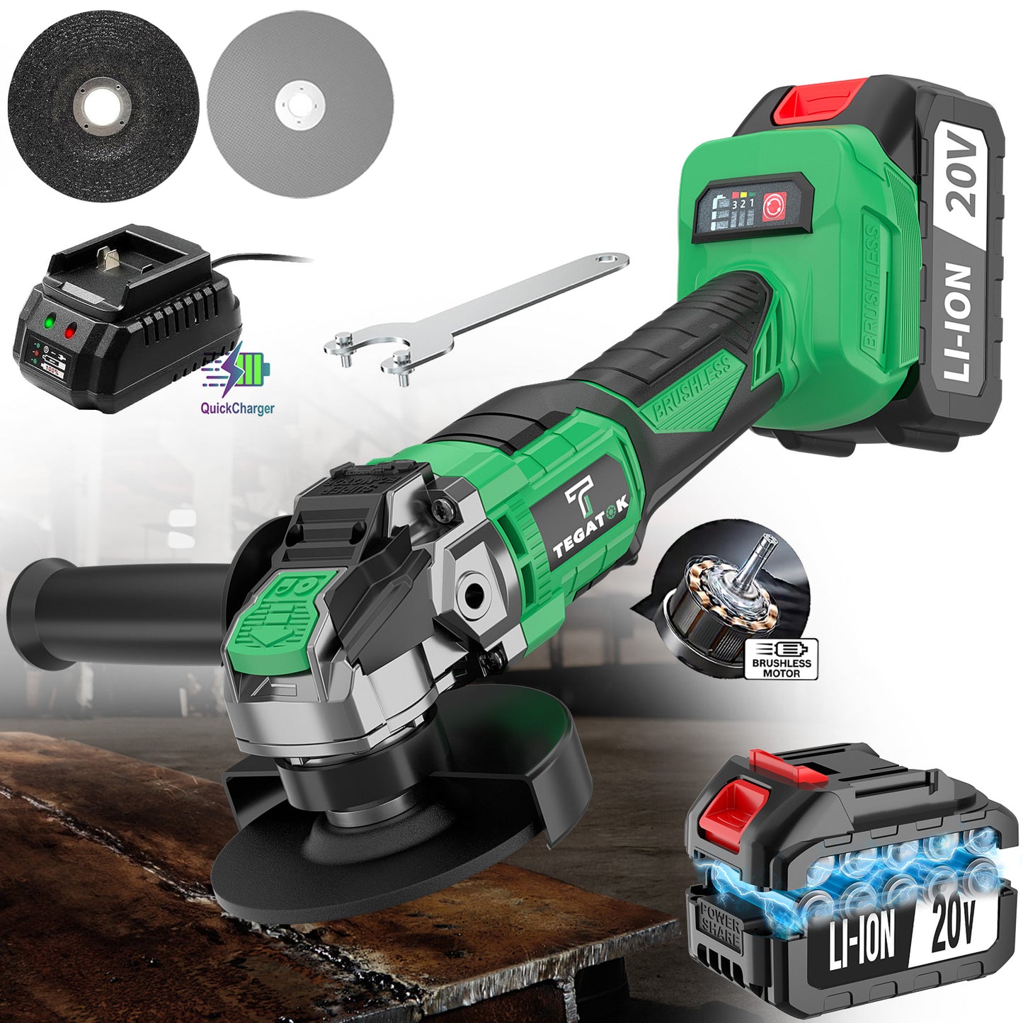 20V Cordless Grinder & Polisher Machine - Heavy-Duty Brushless Motor 9000RPM, Electric Brake, 15pcs Accessory Kit with Grinding/Polishing Pads & Wheel System, 4000mAh Battery- (Battery/AC) for Metalworking, Concrete, Renovati