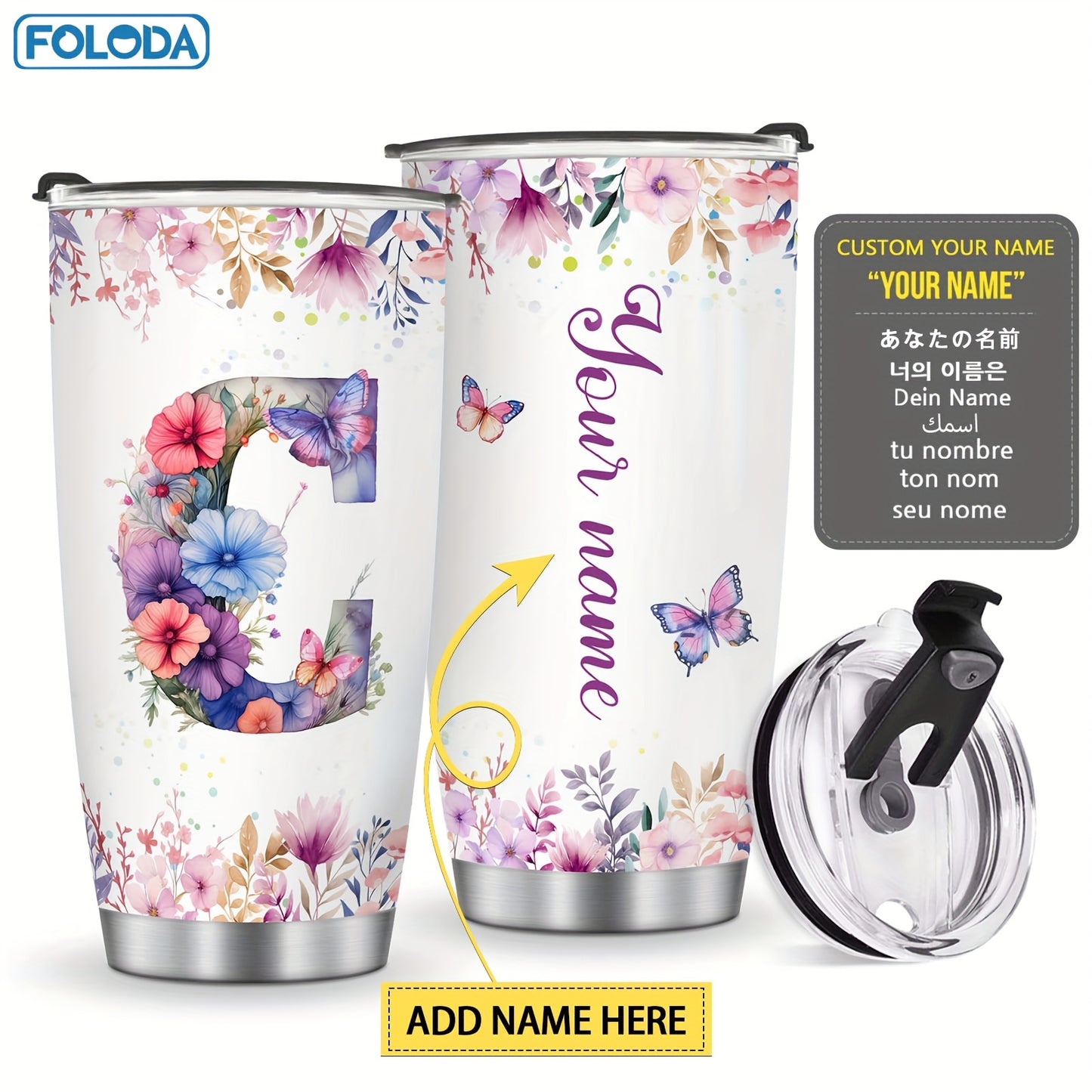 Foloda 1pc Personalized Flower Initials Tumbler Christmas Gift 20oz Mug with Letter Flower Butterfly, Travel Cup for Wedding Birthday Graduation Party, Birthday Valentine's Day Mother's Day Gifts Stainless Steel Mug with Lid