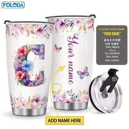 Foloda 1pc Personalized Flower Initials Tumbler Christmas Gift 20oz Mug with Letter Flower Butterfly, Travel Cup for Wedding Birthday Graduation Party, Birthday Valentine's Day Mother's Day Gifts Stainless Steel Mug with Lid