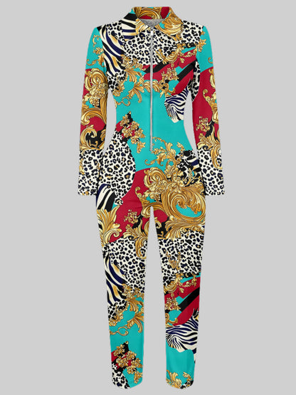 Ladies' Four-season Long-sleeved Sexy Jumpsuit, Front Zipper Design, Light Style, Fashionable Full-print, Perfect for Daily Outings and Casual Wear, Fashionable and Sexy Outfit