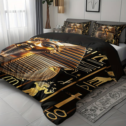 3pcs Egyptian Pharaoh Comforter Set - Soft High-Definition Digital Print Design, Perfect Gift, All-Season Use! Soft, Breathable 100% Polyester, Ideal For Family And Friends - Machine Washable (1 Comforter Cover + 2 Pillowcase