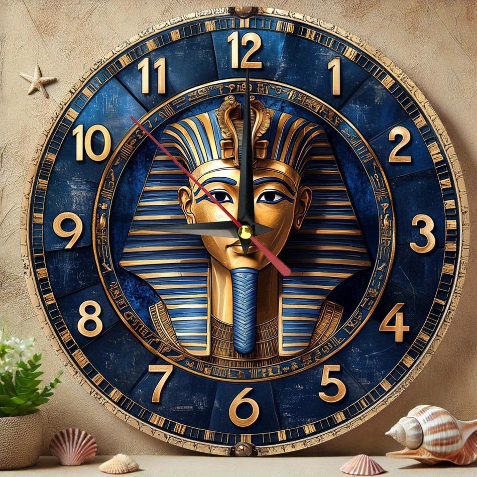 Egyptian-Themed Silent Wooden Wall Clock, 9.8" Round - Farmhouse Style Decor for Kitchen, Bedroom, Office | Easy to Read, No Ticking Sound | Battery Not Included, Round Hanging Clock