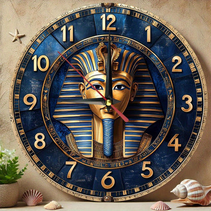 Egyptian-Themed Silent Wooden Wall Clock, 9.8" Round - Farmhouse Style Decor for Kitchen, Bedroom, Office | Easy to Read, No Ticking Sound | Battery Not Included, Round Hanging Clock